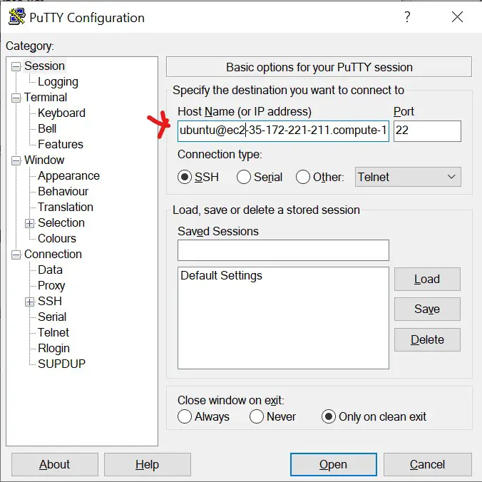 putty step4 hostname