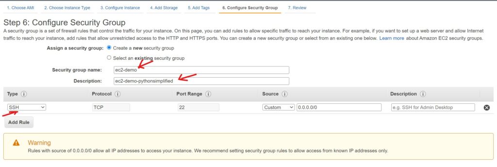 step6 configure security group